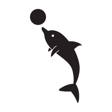 Top vektör simgesine sahip yunus. Siyah vektör simgesi top ile beyaz arka plan yunusuna izole edilmiş. .