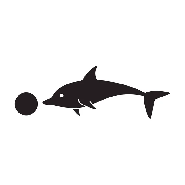 Дельфін з кульковою векторною піктограмою. Чорний вектор ізольований на білому фоні дельфін з м'ячем  . — стоковий вектор