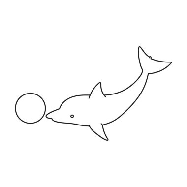 Top vektör simgesine sahip yunus. Taslak vektör simgesi top ile beyaz arkaplan yunusu üzerinde izole edildi .