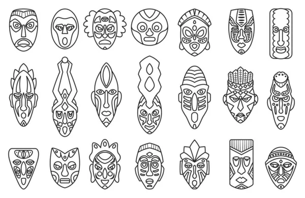 Africano maschera contorno set icon.tribal africano maschera contorno vettore illustrazione su sfondo bianco .Vector illustrazione set icona faccia voodoo. — Vettoriale Stock