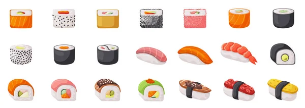 Sushi ícone vetor conjunto isolado. Ilustração vetorial comida japonesa sobre fundo branco. Desenhos animados conjunto ícone rolo . —  Vetores de Stock