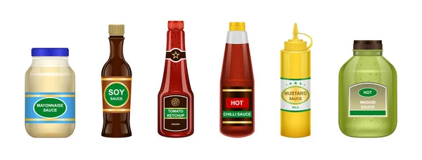 Sauce of bottle vector illustration isolated on white background .Realistic set icon sauce for bbq . Bottle seasoning realistic set . — Stockvektor