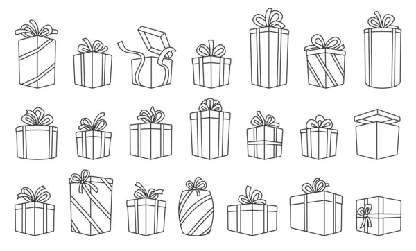 Значок набора контуров вектора коробки подарков. Иллюстрация изолированного очертания иконки подарочной коробки с лентой. Векторные иллюстрации . — стоковый вектор