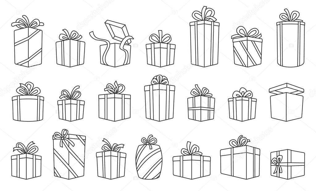 Gift box vector outline set icon. Illustration of isolated outline icon gift box with ribbon. Vector illustration set christmas present.