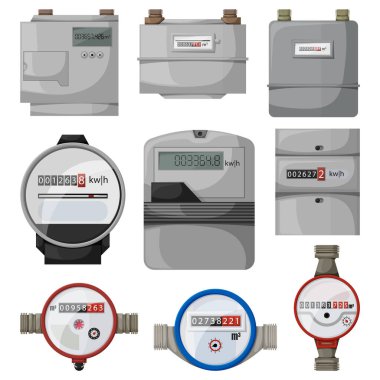 Elektrik gücü, gaz, su ölçer karikatür seti simgesi. Beyaz arkaplanda vektör illüstrasyon sayacı. İzole vektör karikatürü ikon elektrik, gaz ve su sayacı ayarladı.