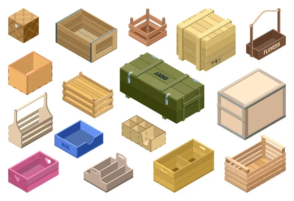 Wooden box isometric vector set icon. Isolated isometric set icon crate and container. Vector illustration wooden box on white background . — Stock Vector