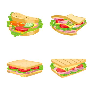İzole edilmiş sandviç ve fast food logosu. Sandviç ve öğle yemeği stoku temsili koleksiyonu.