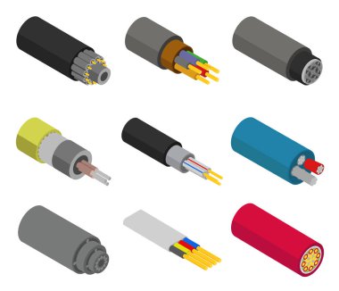 Fiber kablo vektörü izometrik set simgesi. İzole edilmiş izometrik set ikon fiber teli. Beyaz arkaplanda vektör illüstrasyon fiber kablosu.