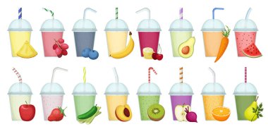 Smoothie vektör karikatür kümesi simgesi. Beyaz arka planda vektör illüstrasyonu taze meyve suyu. İzole çizgi film setinin simge smoothie.
