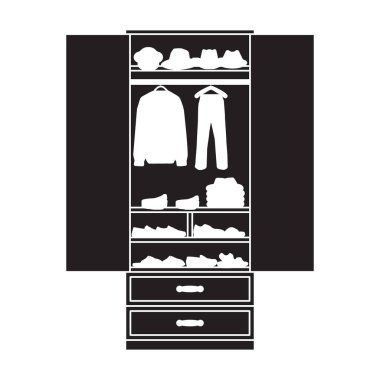 Kıyafet vektörü simgesi için gardırop. Siyah vektör simgesi giysiler için beyaz arka plan dolabında izole edilmiş. .