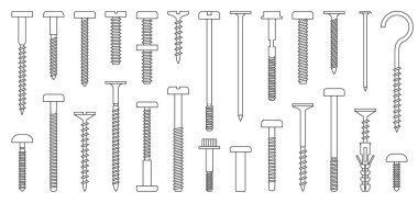 Metal bağlayıcılar ana hat vektör seti simgesi. Vektör illüstrasyonu izole edilmiş, simge metal vida ve cıvata beyaz arka planda. outline set vida ve cıvata.