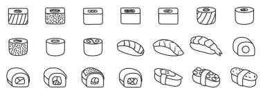 Sushi izole vektör seti simgesi. Beyaz arka planda vektör illüstrasyon Japon yemekleri. özet set simgesi rulosu.