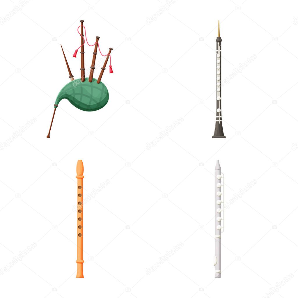 Vector illustration of woodwind and instrument logo. Collection of woodwind and musical vector icon for stock.