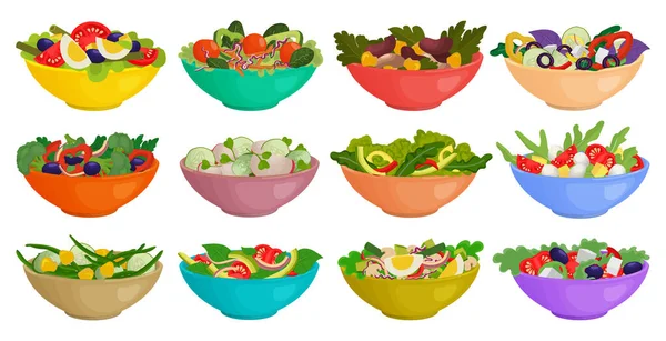 Plantaardige salade geïsoleerde cartoon set pictogram. Cartoon vector set icoon kom sla. Vector illustratie groente salade op witte achtergrond. — Stockvector