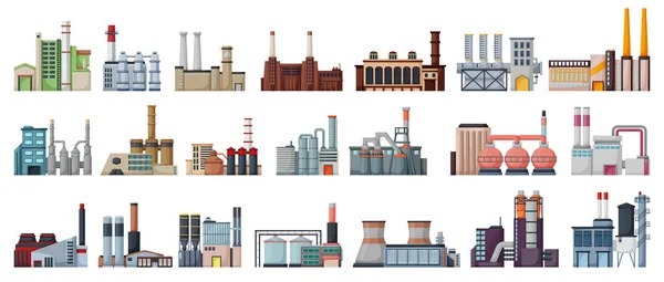 Industrie fabriek geïsoleerde cartoon set pictogram. Vector cartoon set pictogram fabricage van het gebouw. Vector illustratie industrie fabriek op witte achtergrond. — Stockvector