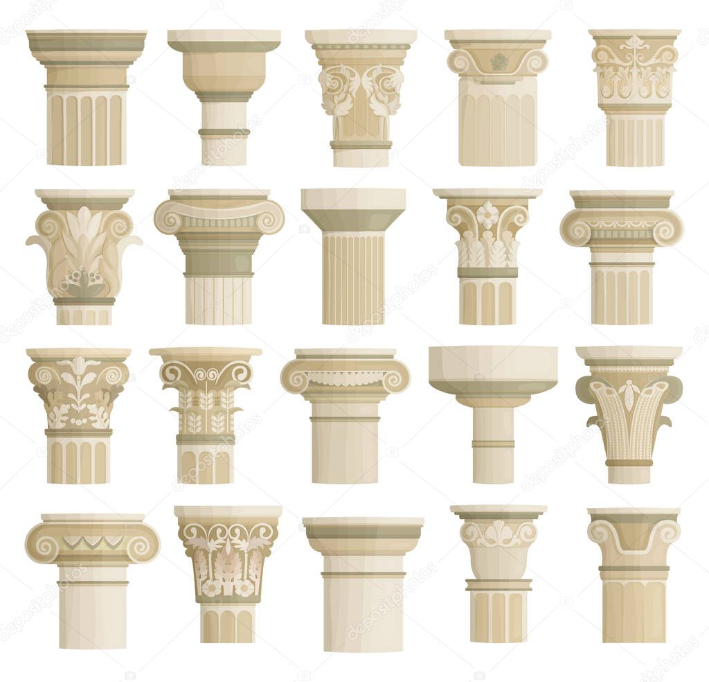 Top of column isolated cartoon set icon. Vector cartoon set icon antique pillar. Vector illustration top of column on white background.