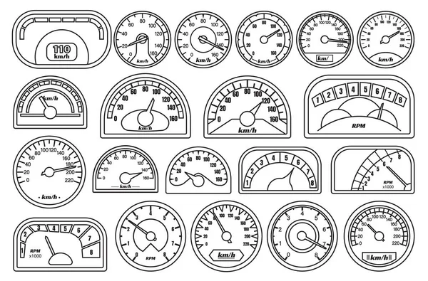 Snelheidsmeter vector Outline set icoon. Vector illustratie snelheid van de auto op witte achtergrond. Outline set pictogram snelheidsmeter. — Stockvector