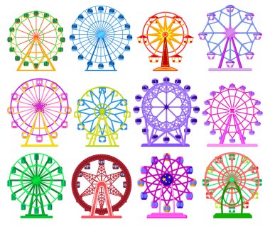 Dönme dolap izole edilmiş çizgi film simgesi. Vektör karikatür ikon eğlence atlıkarıncasını ayarladı. Beyaz arkaplanda vektör illüstrasyon dönme dolabı.