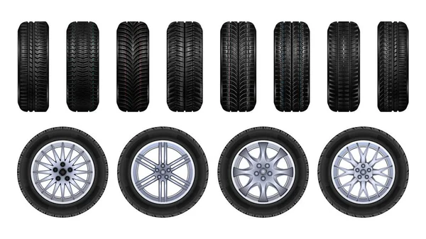 Ruote pneumatico realistico set icona. Ruote in gomma per illustrazione vettoriale su sfondo bianco. Vettore realistico set icona ruote pneumatiche  . — Vettoriale Stock