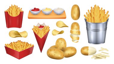 Beyaz arka planda patates kızartması vektör çizimi. Vektör gerçekçi set ikonu sebze yemeği. İzole edilmiş gerçekçi set simgesi patates kızartması.