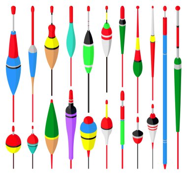 Balıkçılık şamandırası izometrik set simgesi. Beyaz arka planda vektör illüstrasyon bobber. İzole edilmiş izometrik set simgesi balıkçılık yüzeyi.