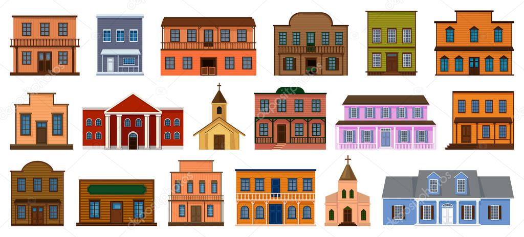 Wild west buildings vector illustration on white background. Vector cartoon set icon church western. Isolated cartoon set icon wild west buildings .