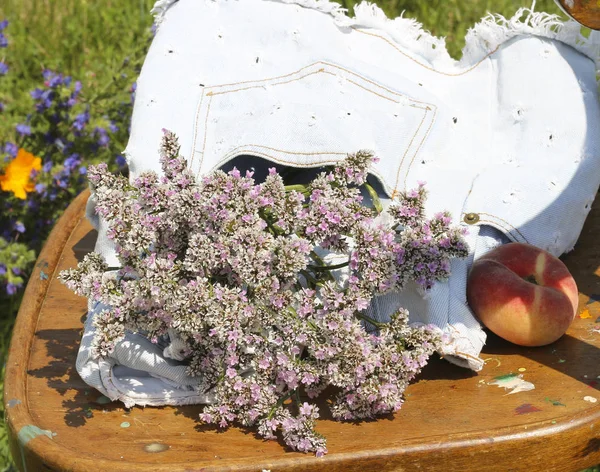 ジーンズの背景の花束 — ストック写真