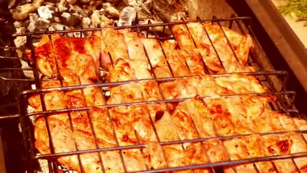 Проверить готовность мяса стейк на гриле — стоковое видео