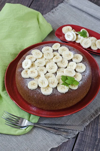 Freshly Baked Homemade Banana Cake Brown Ceramic Plate Photographed Natural — Stock Photo, Image
