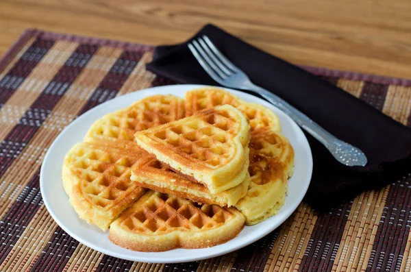 Fresh Homemade Heart Shape Waffles White Plate — Stock Photo, Image