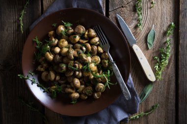 Kızarmış mantar ve şifalı ot.