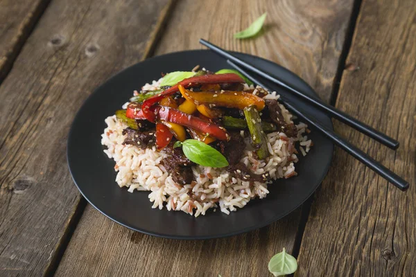 Rice Beef Fried Vegetables Soy Sauce — Stock Photo, Image