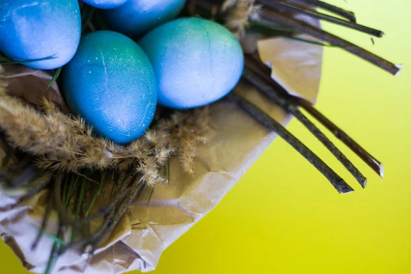 Vacances Pâques Fond Décor Œufs Bleus Peints Dans Nid Fleurs — Photo