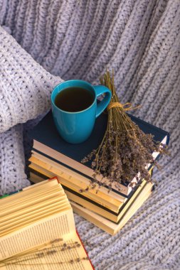 Kurumuş lavanta çiçekleri, kitaplar, kahve fincanı, çelenklerle dolu rahat bir evde mavi el yapımı ekose ve yastıkların arka planı.