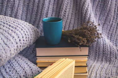 Kurumuş lavanta çiçekleri, kitaplar, kahve fincanı, çelenklerle dolu rahat bir evde mavi el yapımı ekose ve yastıkların arka planı.