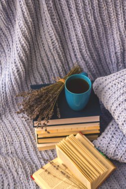 Kurumuş lavanta çiçekleri, kitaplar, kahve fincanı, çelenklerle dolu rahat bir evde mavi el yapımı ekose ve yastıkların arka planı.