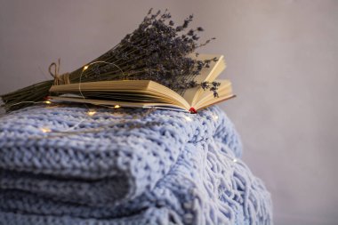 Kurumuş lavanta çiçekleri, kitaplar, kahve fincanı, çelenklerle dolu rahat bir evde mavi el yapımı ekose ve yastıkların arka planı.
