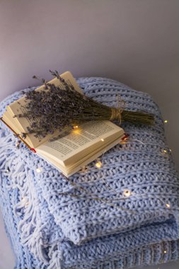 Kurumuş lavanta çiçekleri, kitaplar, kahve fincanı, çelenklerle dolu rahat bir evde mavi el yapımı ekose ve yastıkların arka planı.