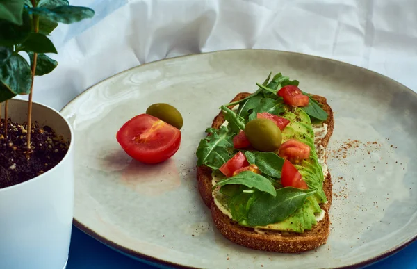 Avocado toast of rye bread with sauce, tomatoes, arugula on large grey plate on blue background. Vegetarian useful breakfast.