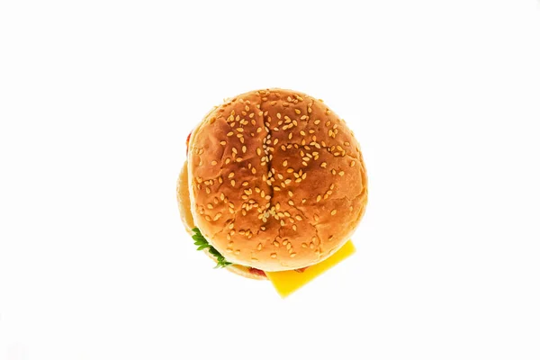 Burger Light Bun Sesame Greens Cheese Ketchup Meat Cooked Home — Stock Photo, Image