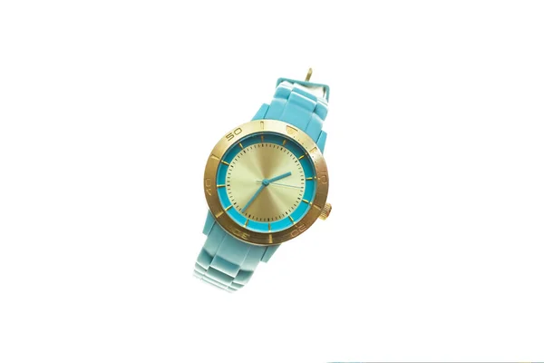 表盘机械手表 带橡胶蓝带 钟面圆 外形金黄 花哨的 单一的 白色孤立的背景 — 图库照片