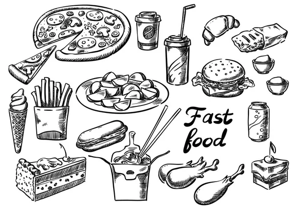快餐食品集的素描 — 图库矢量图片