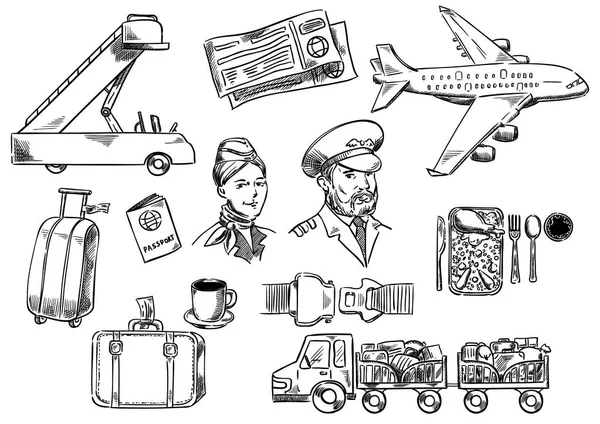 Definir ícones de desenho de mão. Ferramentas e acessórios para trave de avião Gráficos De Vetores