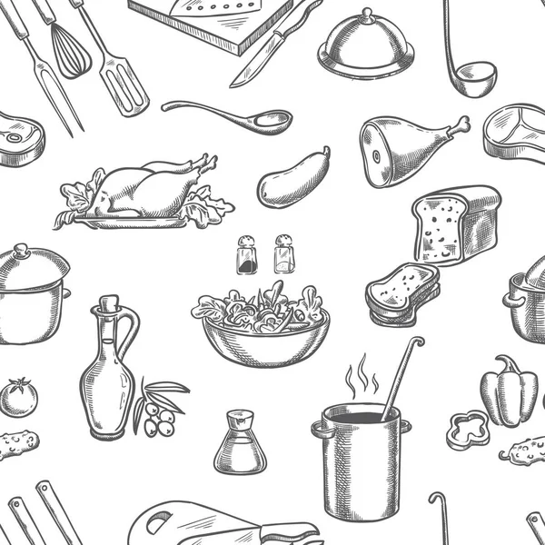 Cook, keuken, ingrediënten en apparatuur hand tekenen naadloze — Stockvector