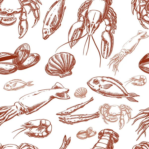Sea food hand drawing seamless — Stock Vector