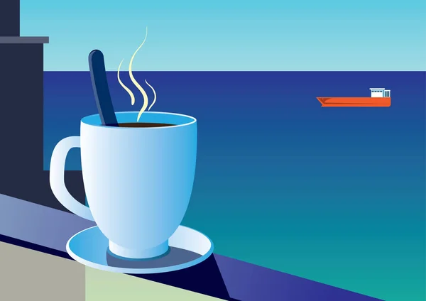 Tasse Kaffee vor dem Hintergrund von Meer und Segelboot — Stockvektor