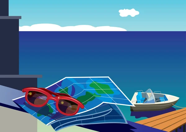 Okulary przeciwsłoneczne i mapę na tle morza i żaglówkę — Wektor stockowy