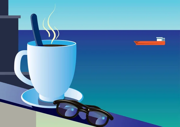 समुद्र की पृष्ठभूमि पर धूप का चश्मा और कॉफी का कप और — स्टॉक वेक्टर