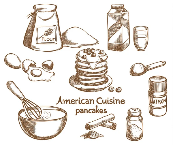 Amerikanische Pfannkuchen und Zutaten — Stockvektor