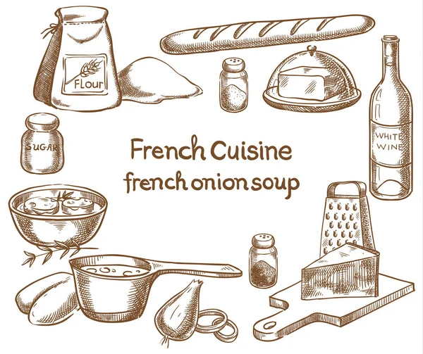 Sopa de cebolla francesa, ingredientes de la comida — Vector de stock